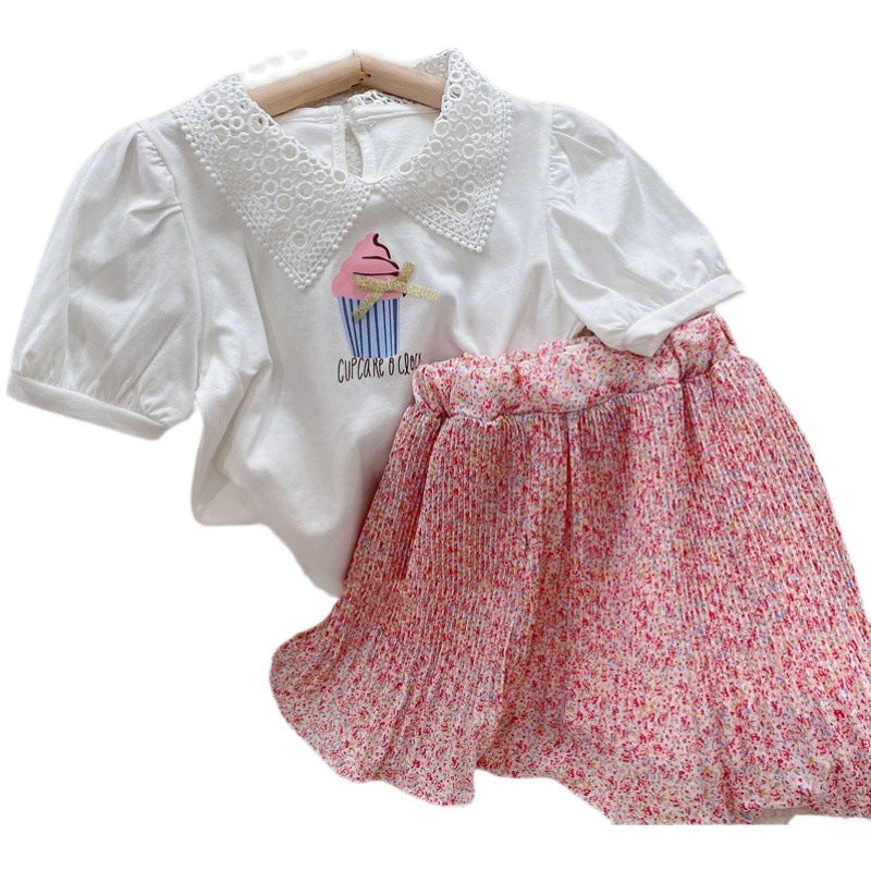 Girls' Floral Lapel Top with Short Skirt