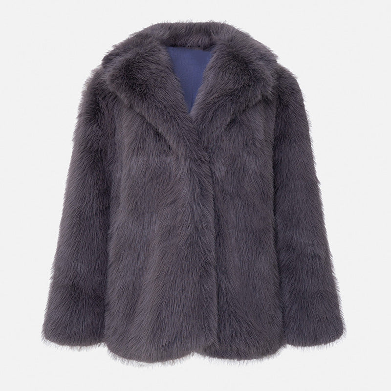 Women's Faux Fur Mid-Length Coat with Extended Collar