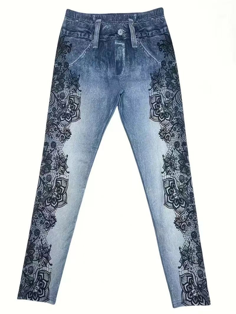 High-waisted printed jeans