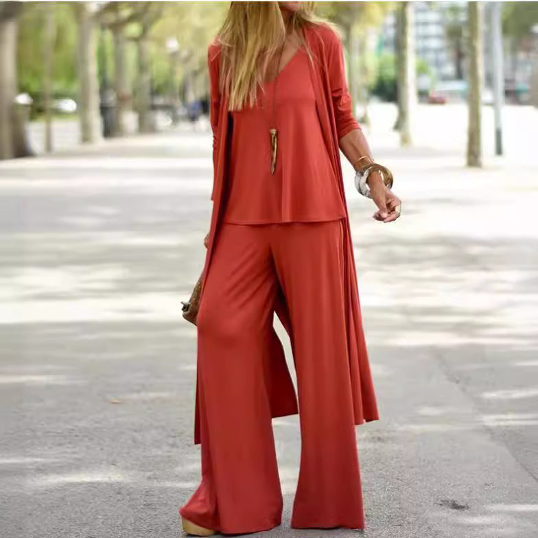 Women's Loose Fit Three-Piece Set - Camisole, Long Cardigan, and Straight-Leg Trousers