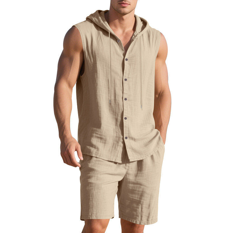 Men's Linen Hooded Vest and Shorts Set