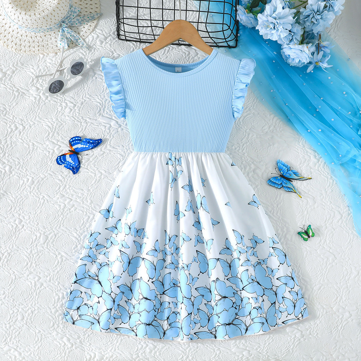 Girls' Flutter Sleeve Butterfly Print Dress