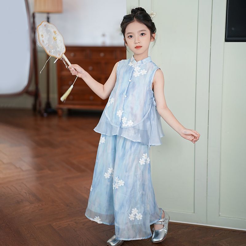 Girls' Chinese Style Sleeveless Wide-Leg Pants Two-Piece Outfit