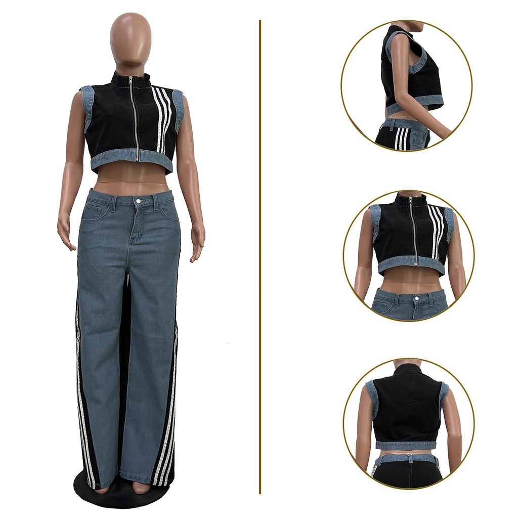 Loose-jointed denim wide-leg pants set