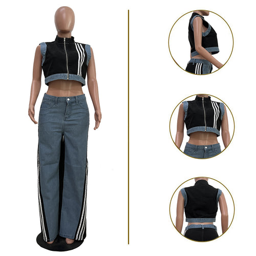 Loose-jointed denim wide-leg pants set