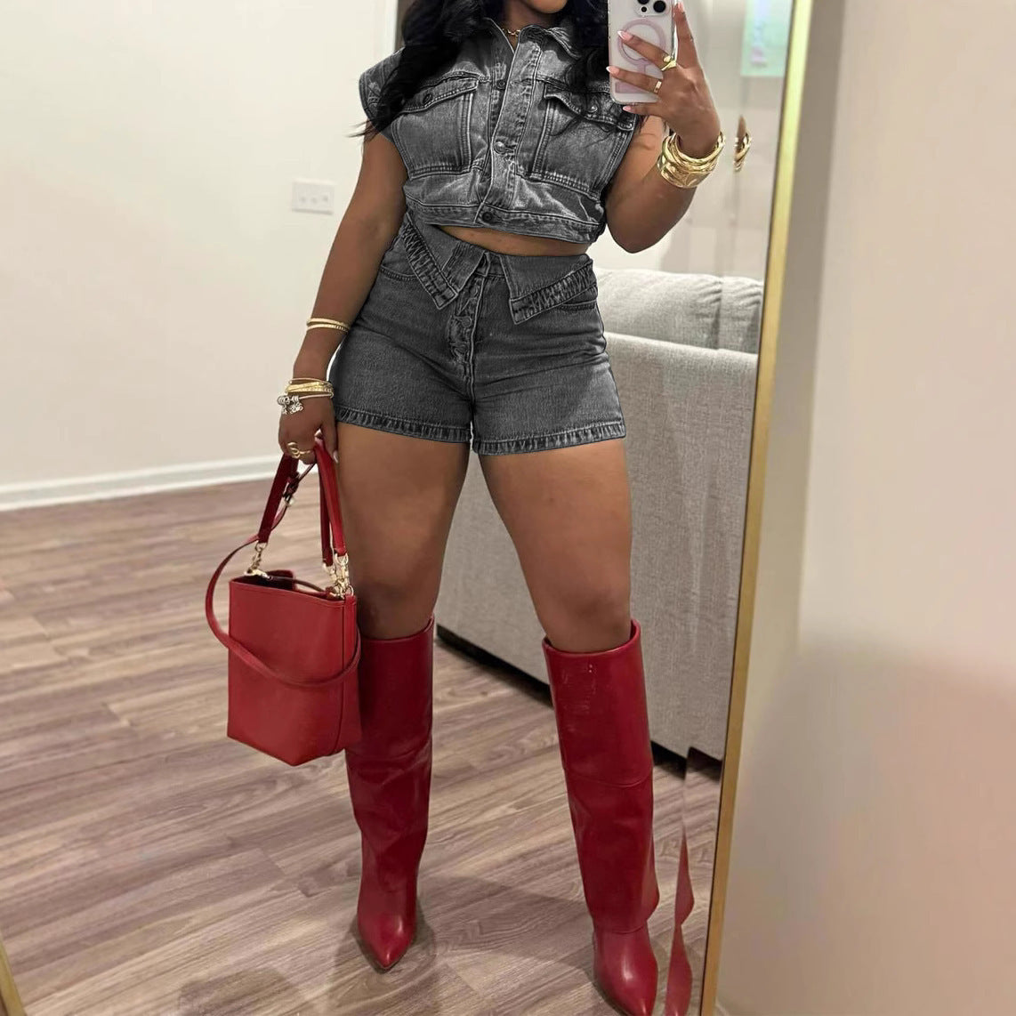 Denim shorts set