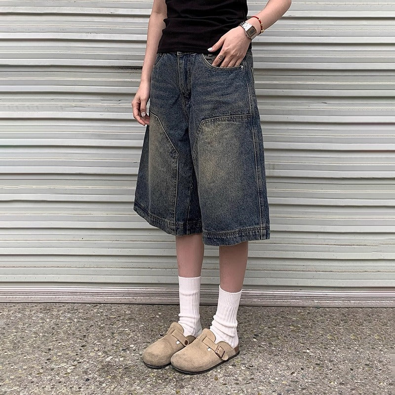 Men's Vintage Blue Washed Denim Shorts Straight Fit Casual Cropped Pants