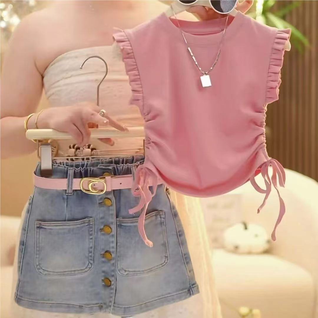 Girls' Summer Flutter Sleeve Denim Shorts Set