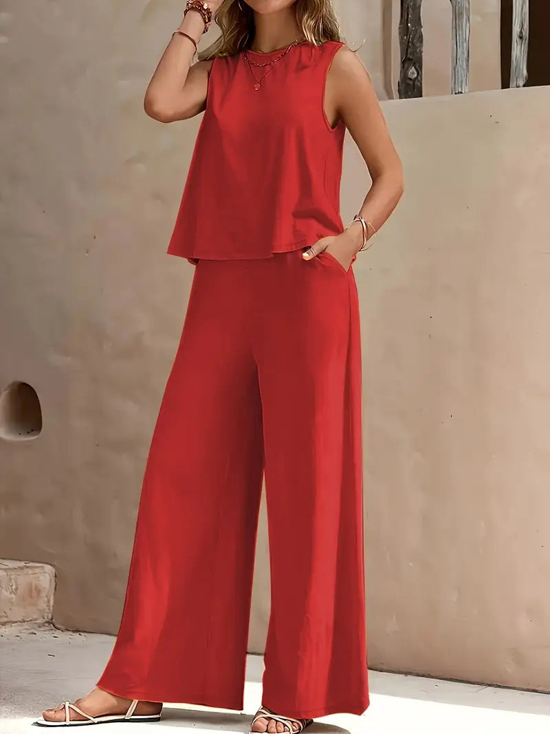Solid-color tank top and wide-leg pants set