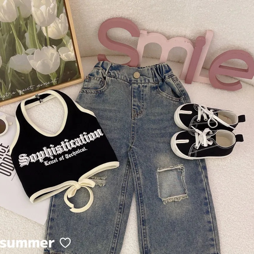 Girls' Summer Camisole Ripped Jeans