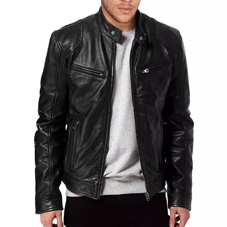 Men's Slim Fit PU Leather Biker Jacket with Zipper Pocket