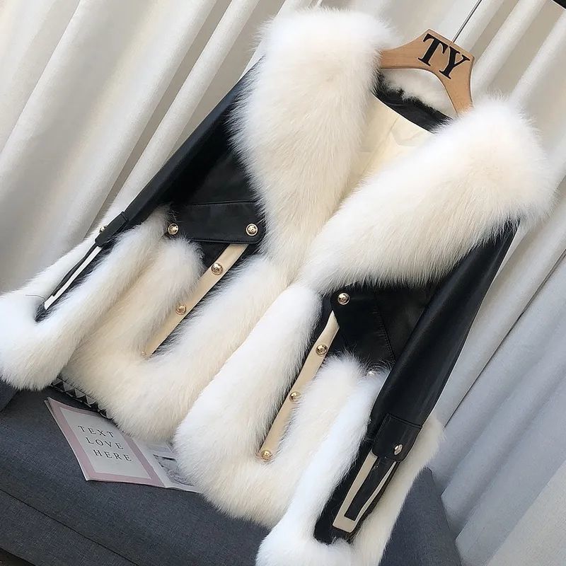Women's color-blocked leather jacket