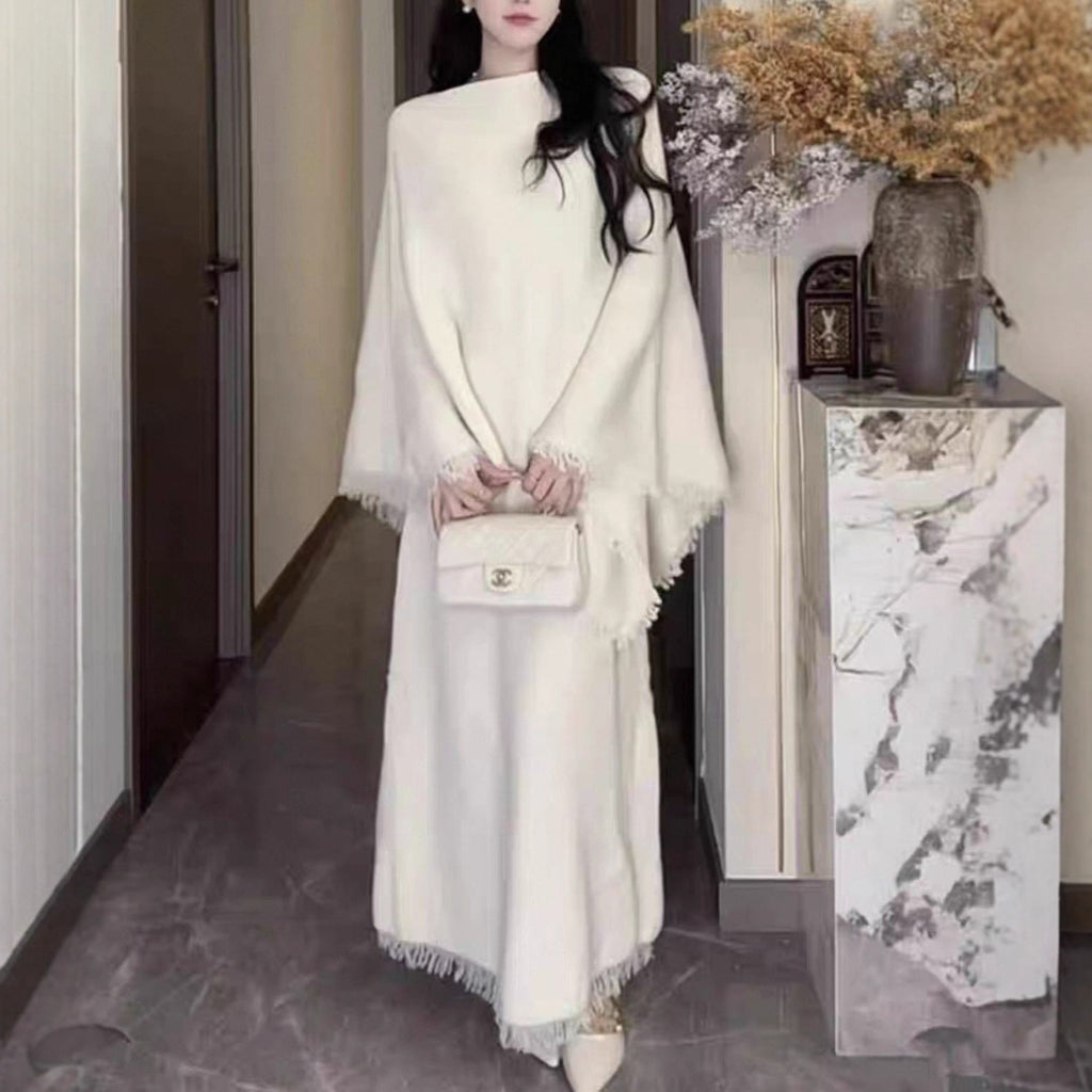 Women?s Knitted Suit - Two-piece set knitted cape jacket and matching skirt