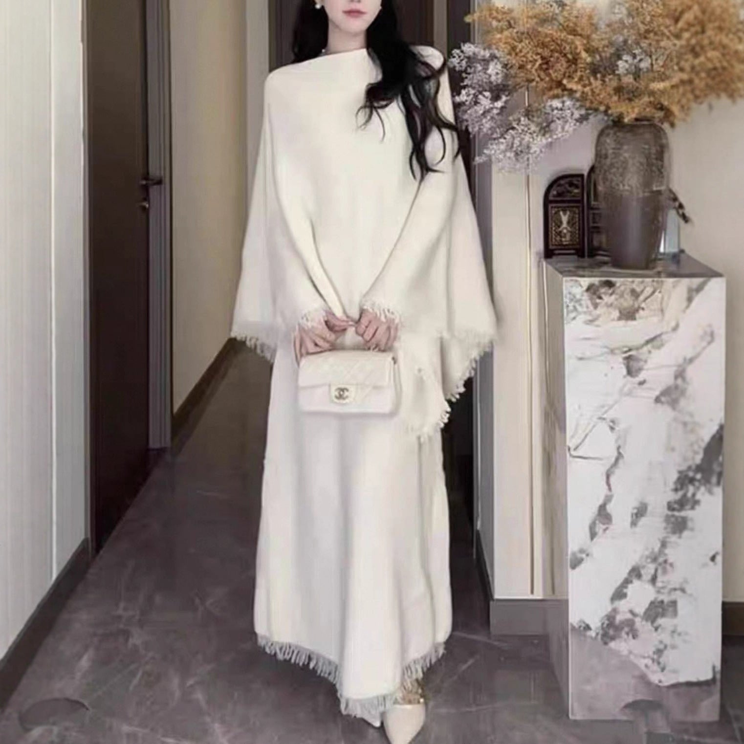 Women?s Knitted Suit - Two-piece set knitted cape jacket and matching skirt