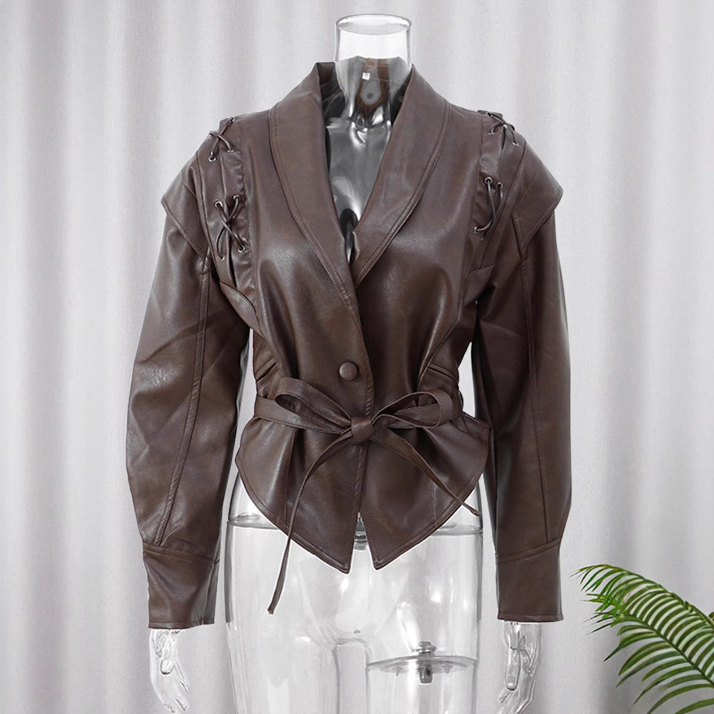 Lace-up short leather jacket coat