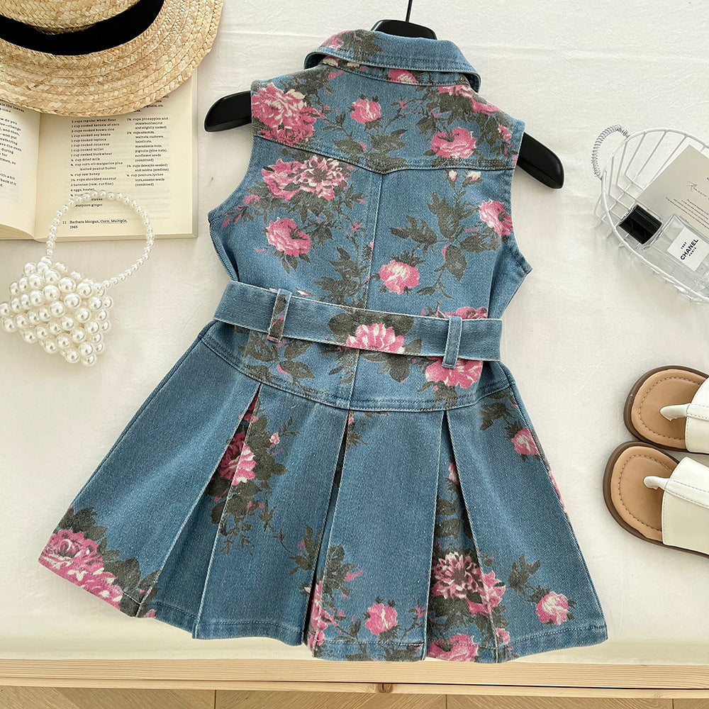Girl's Sleeveless Floral Print Denim Dress