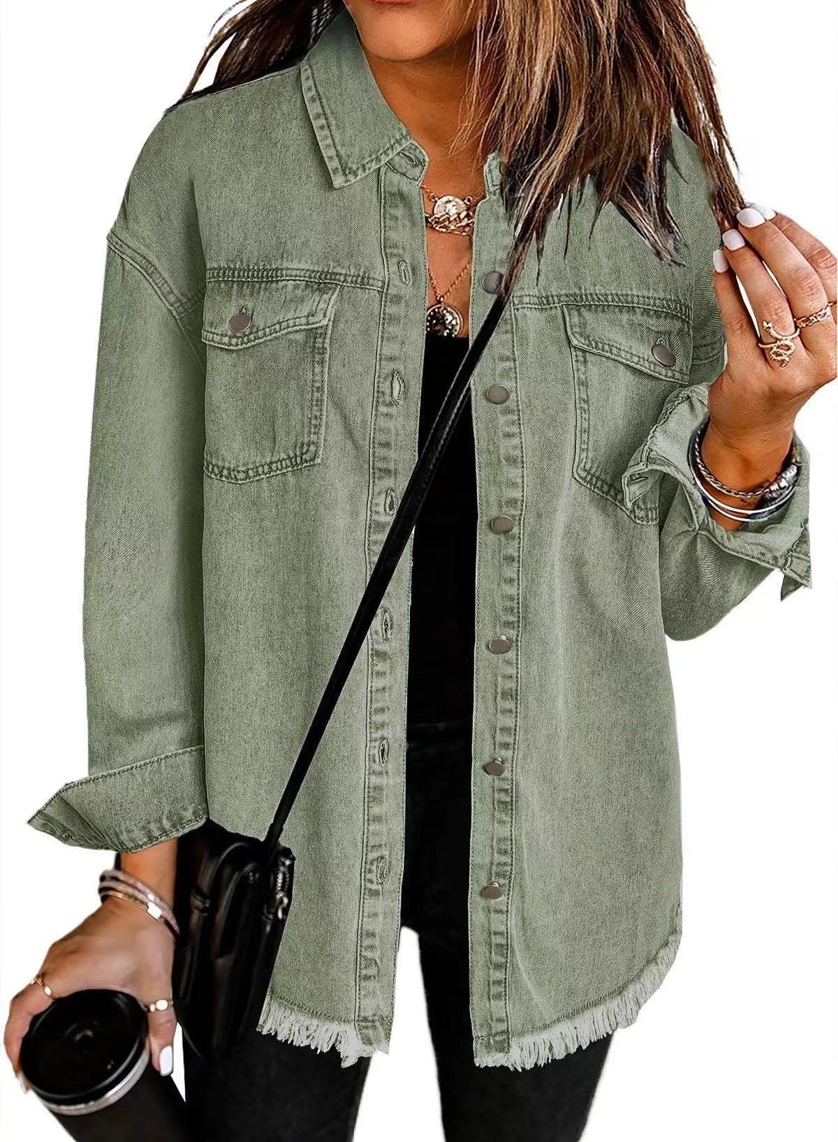 Washed Denim Shirt Jacket with Frayed Hem