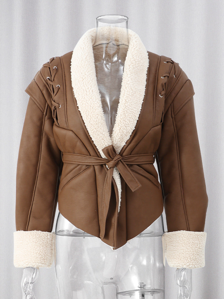 Lace-up short leather jacket coat