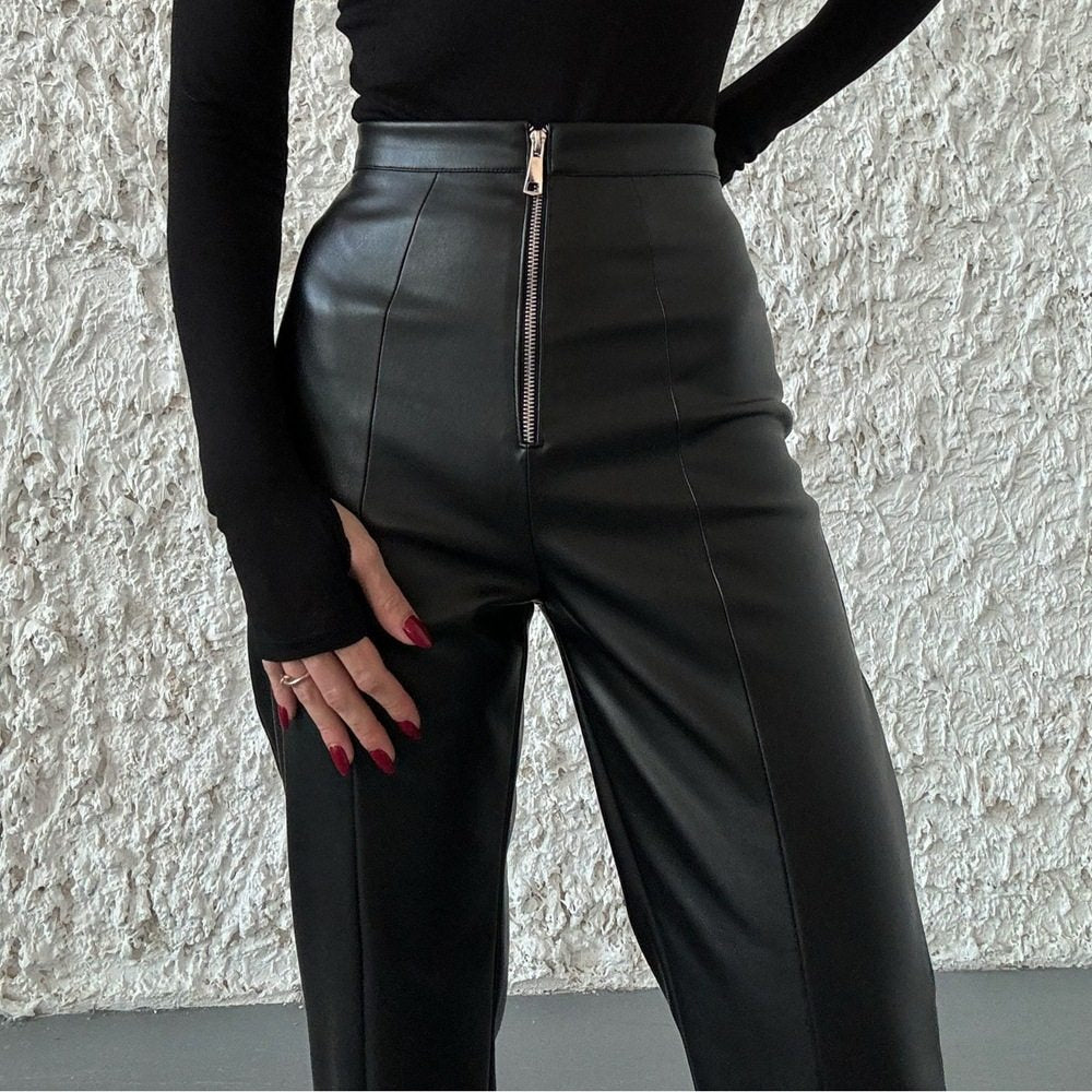 Womens High Waisted PU Leather Wide Leg Pants