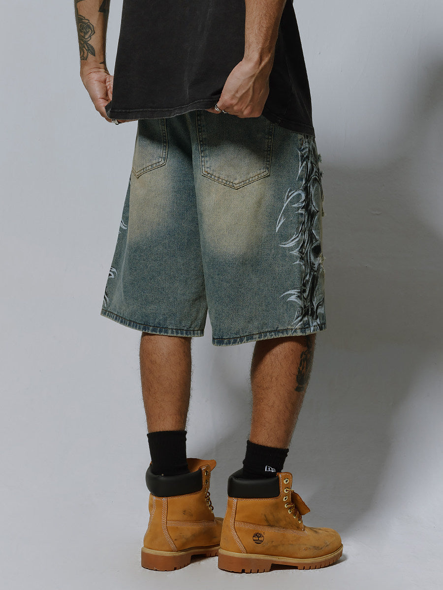Men's Distressed Spray-Print Denim Shorts