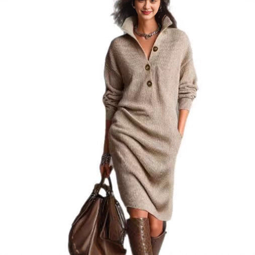 Casual collared loose-fitting mid-length sweater dress