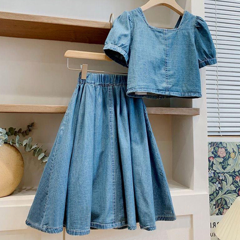 Girls' French Style Denim Skirt Suit - Two-Piece Skirt Suit