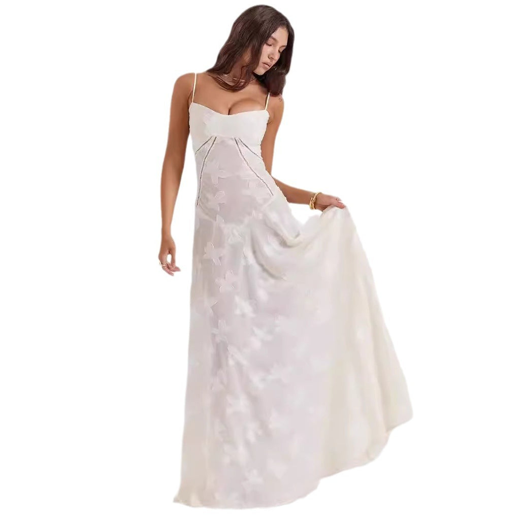 French Lace Strap Dress Women Elegant Long Skirt