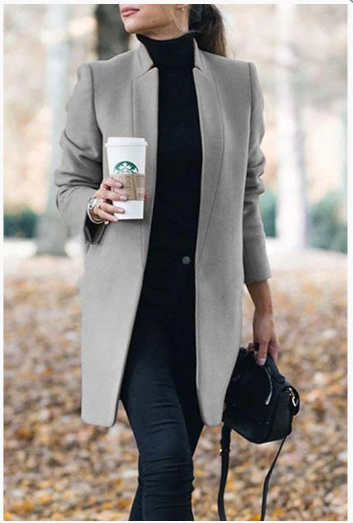 Solid color stand collar wool coat