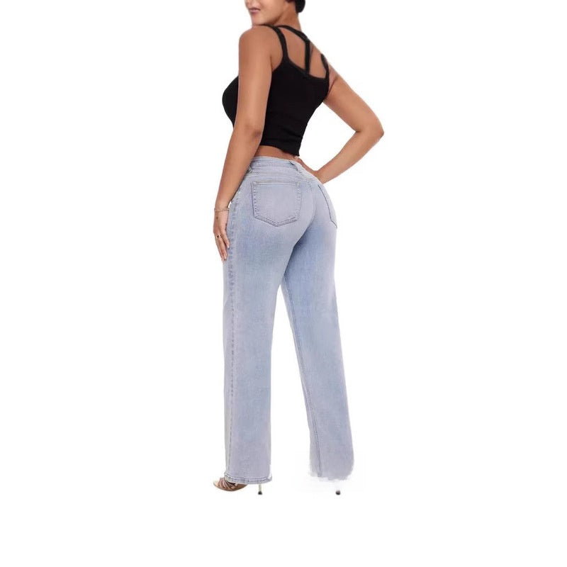 Women's Washed Loose Micro-Flared Mid-Rise Jeans