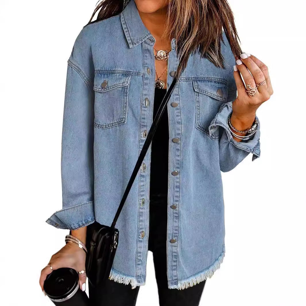 Washed Denim Shirt Jacket with Frayed Hem