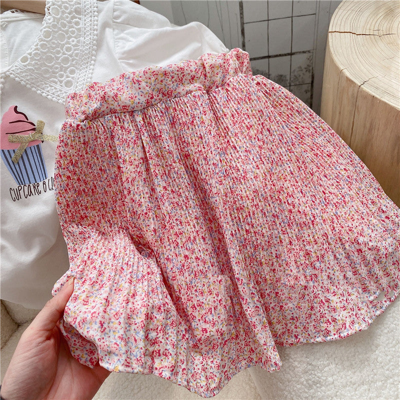 Girls' Floral Lapel Top with Short Skirt