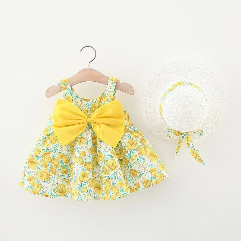 Girls' Summer Sleeveless Bow Dress with Hat