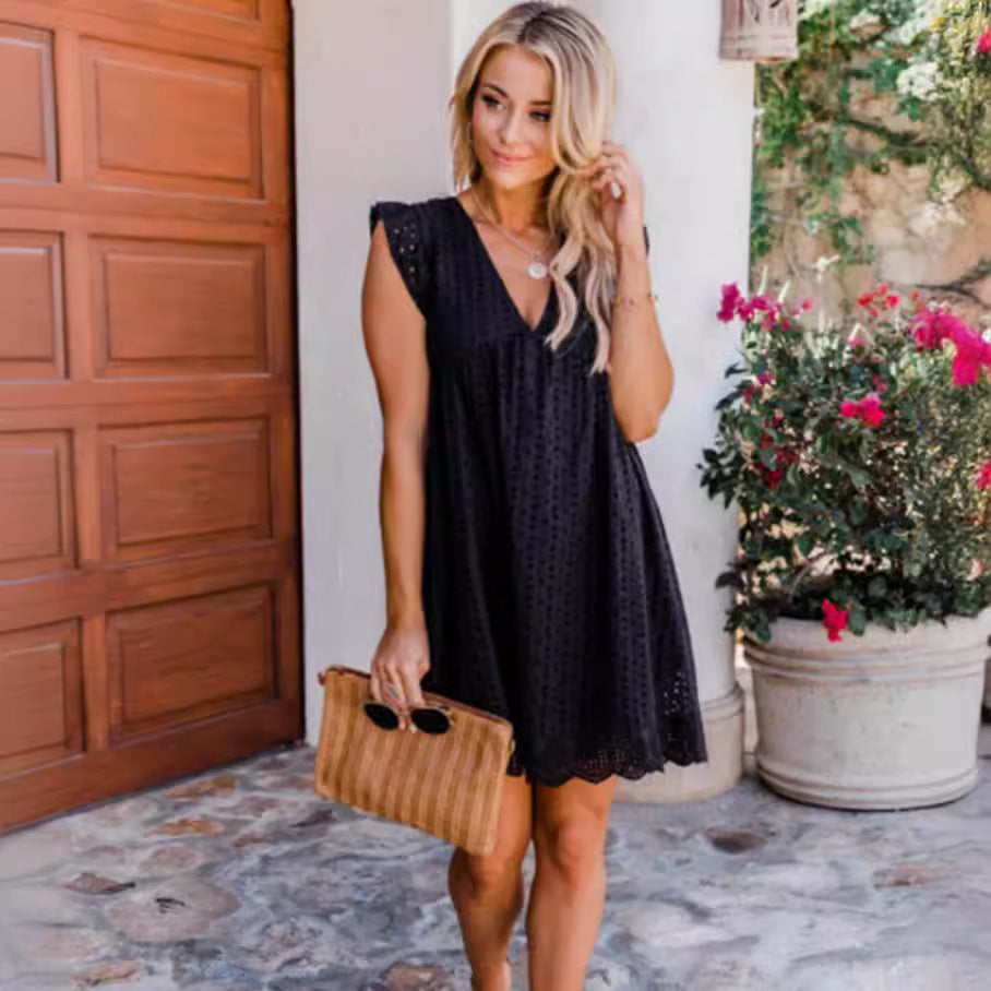 Lace Jacquard Mid-Length Dress with Pockets