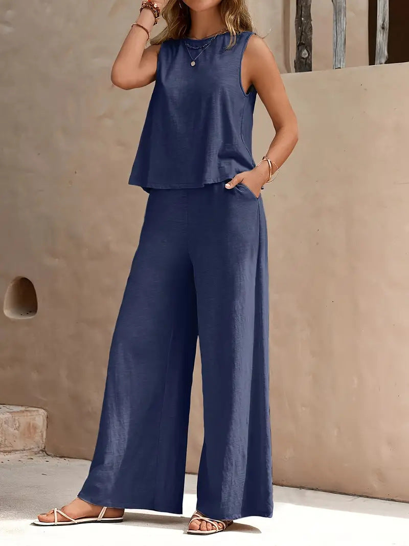 Solid-color tank top and wide-leg pants set