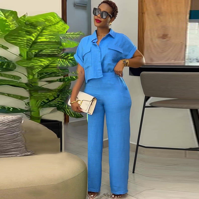 Casual Lapel Shirt and Wide-Leg Pants Suit