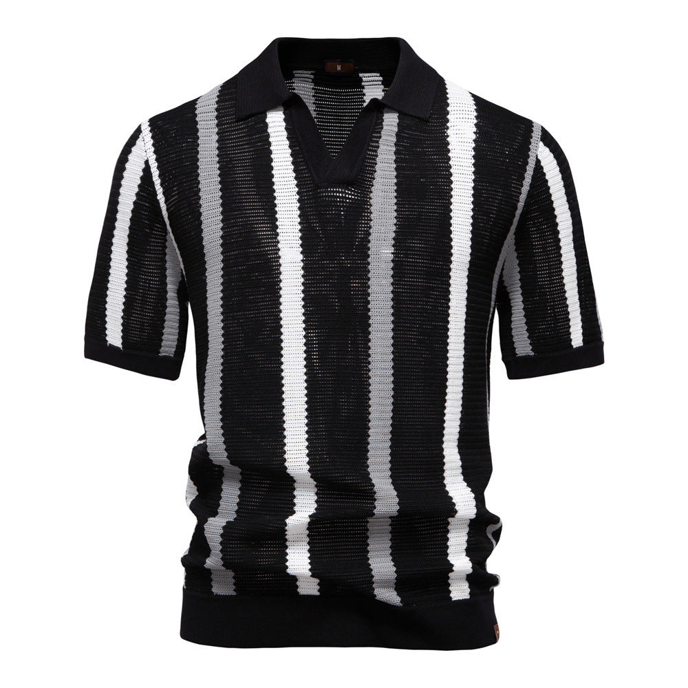 Breathable Striped Men's Polo Shirt Summer Short Sleeve Knit Top