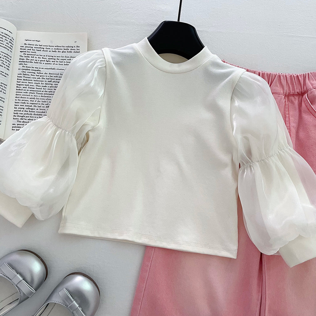 Girls' Denim Set - Flower Top Lace Pants