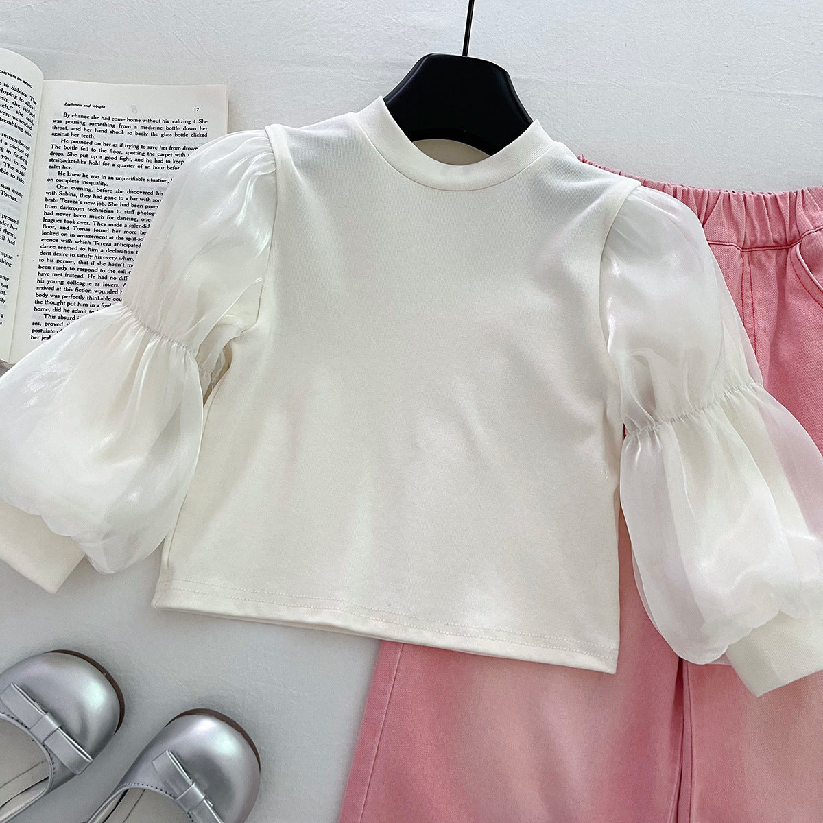 Girls' Denim Set - Flower Top Lace Pants