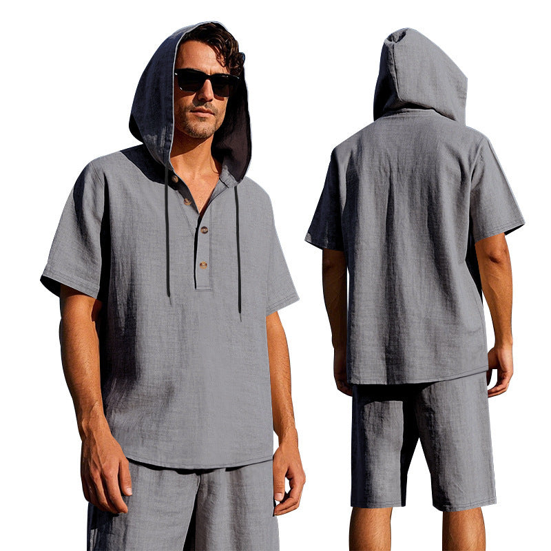 Men's Linen Hooded Shirt and Shorts