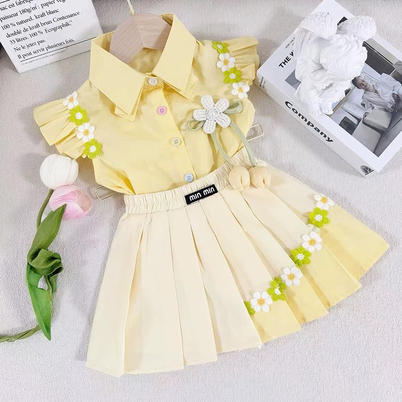 Girls' preppy floral pleated outfit - Two-piece set top and skirt