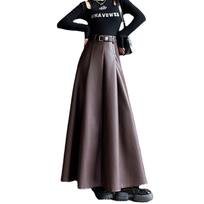 Women's High Waist PU Leather A-Line Skirt