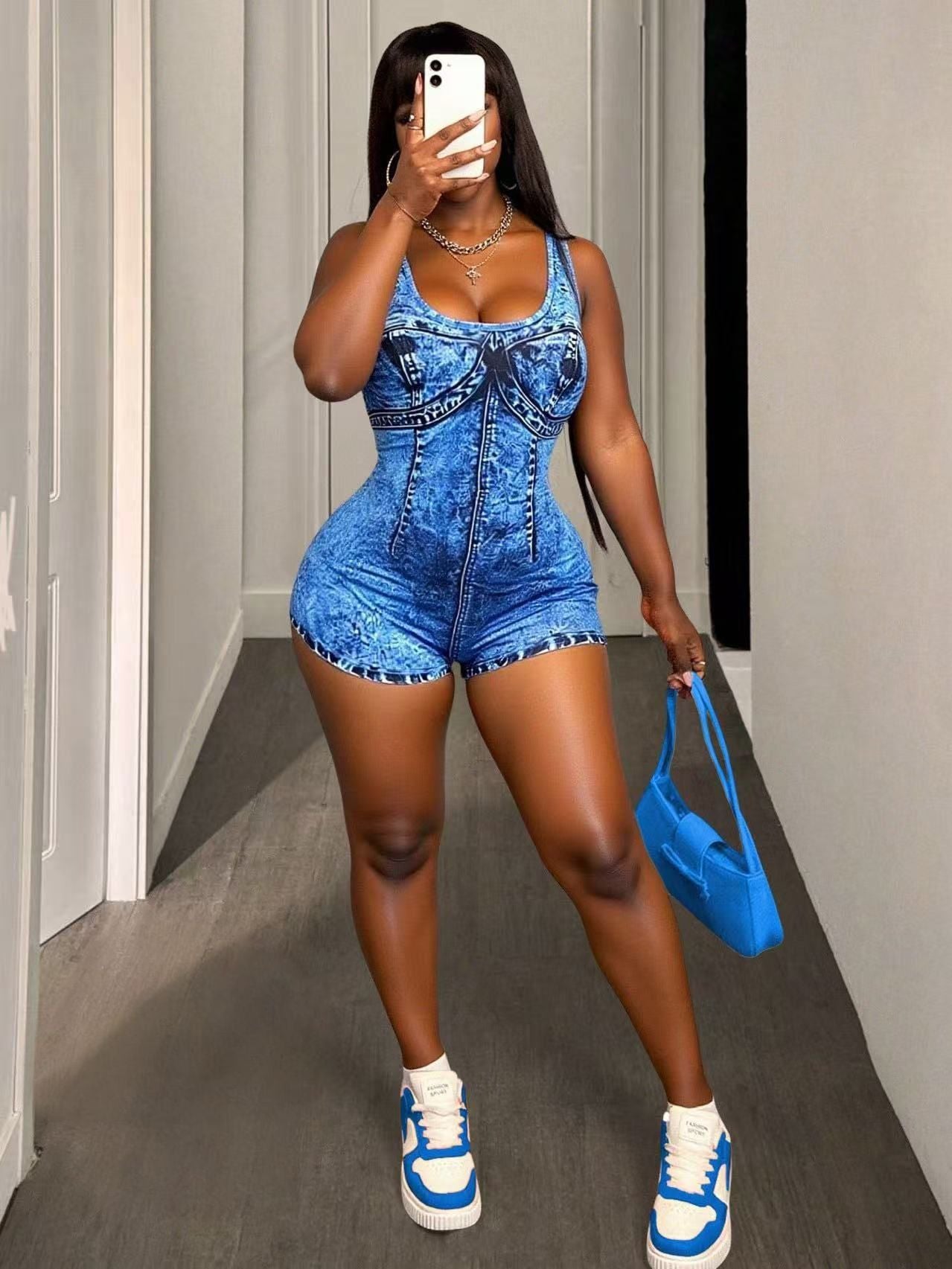 Fashion Denim Print Backless Jumpsuit Shorts