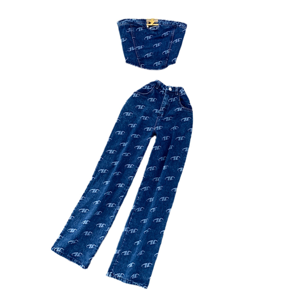 Fashion Denim Vest and High-Waisted Pants Set for Women