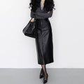 Genuine Leather A-Line Skirt with Front Slit