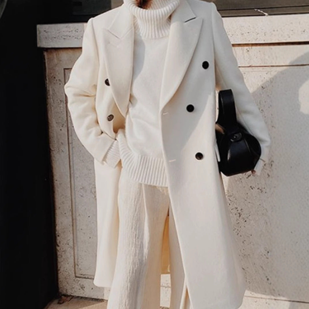 Two-color long-sleeved woolen coat