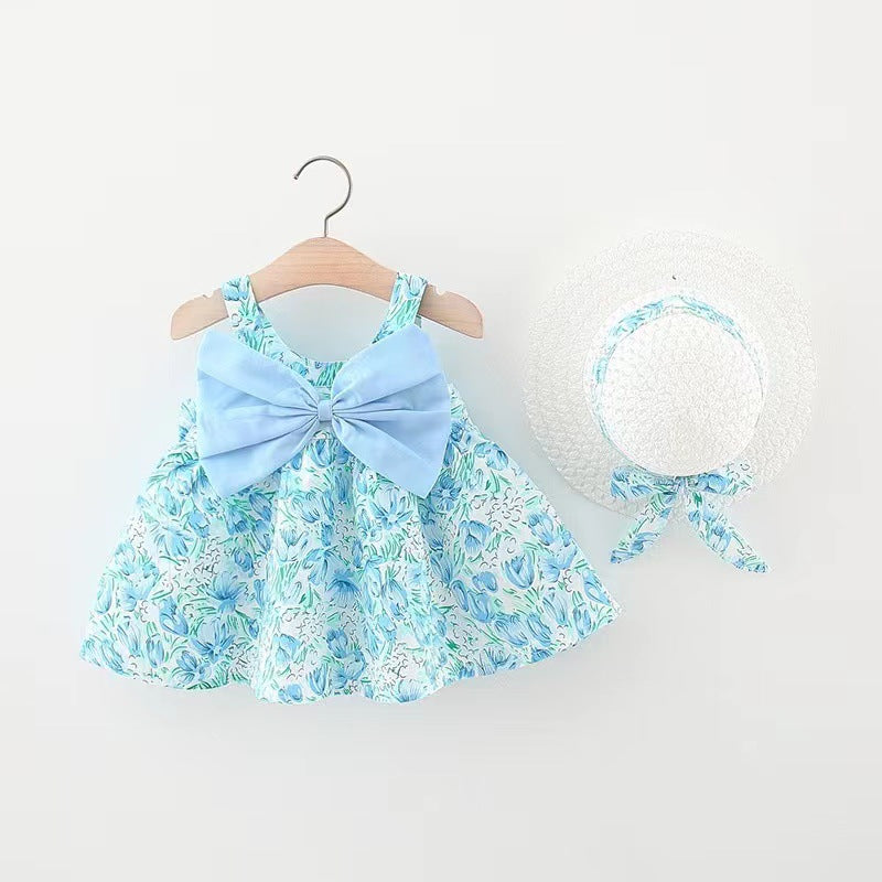 Girls' Summer Sleeveless Bow Dress with Hat