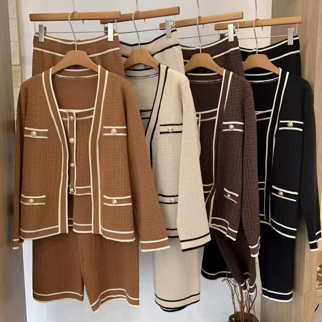Knitted cardigan, vest, and wide-leg pants set