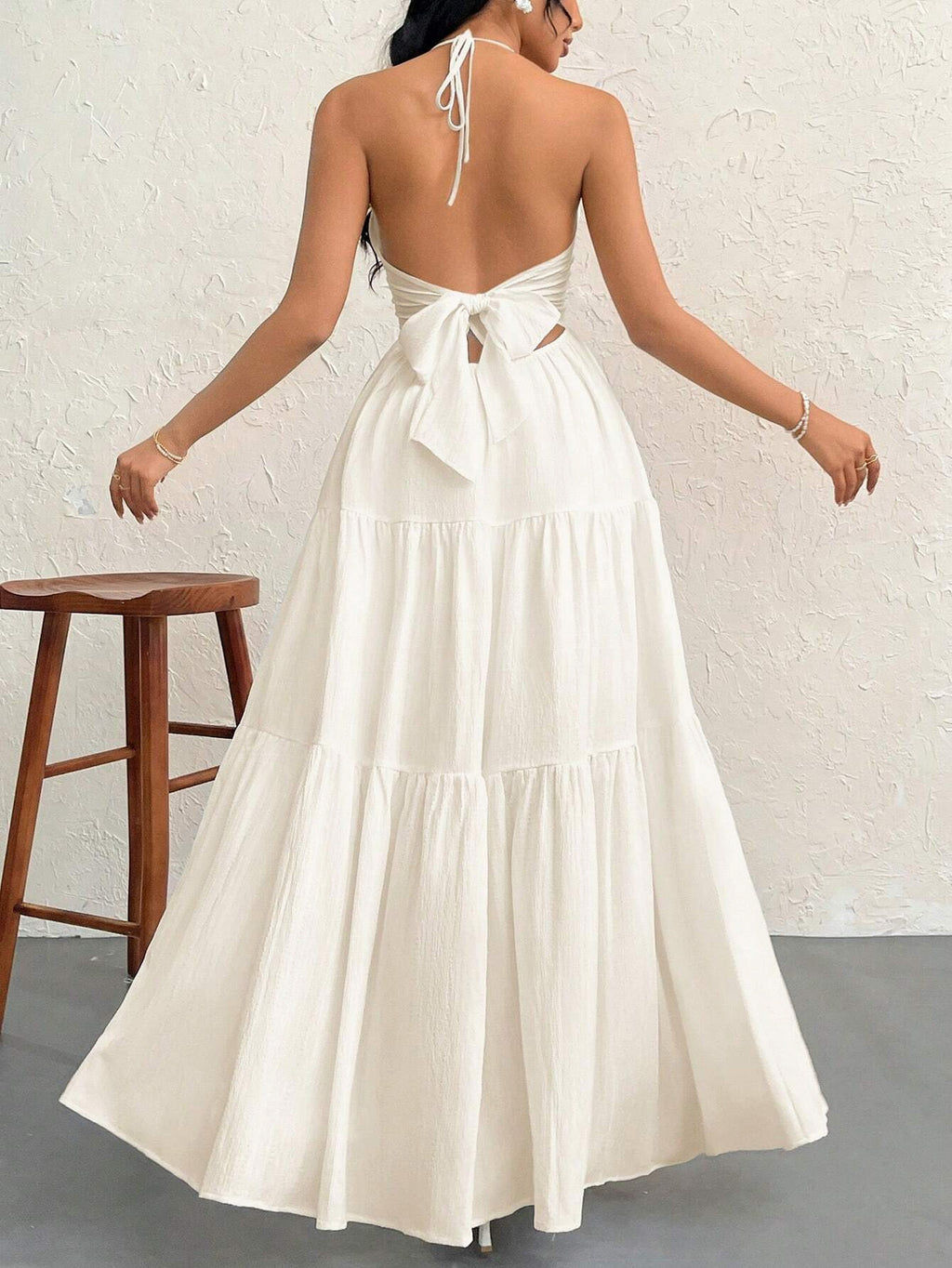 White Pleated V-Neck Dress