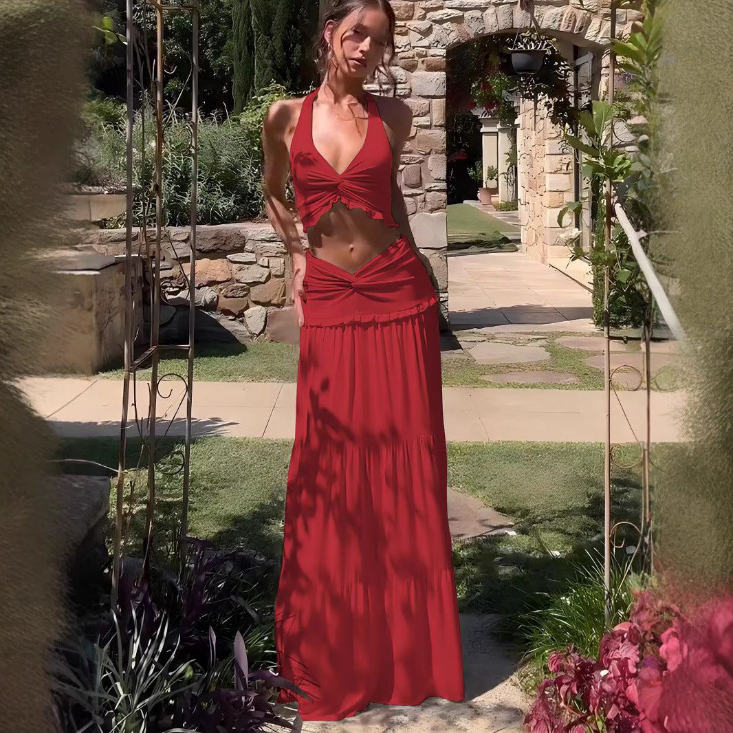 Women's V-Neck Halter Top and Long Skirt Set