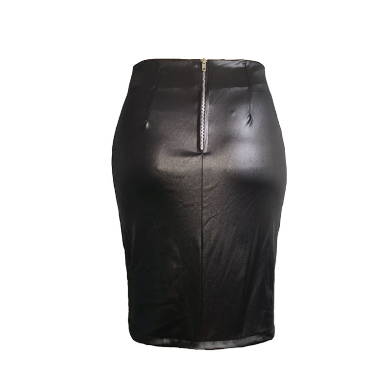 Black strapped, figure-hugging, slit leather skirt